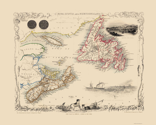 Historic Map - Nova Scotia Newfoundland Canada - Tallis 1851 - 23 x 28.83 - Vintage Wall Art