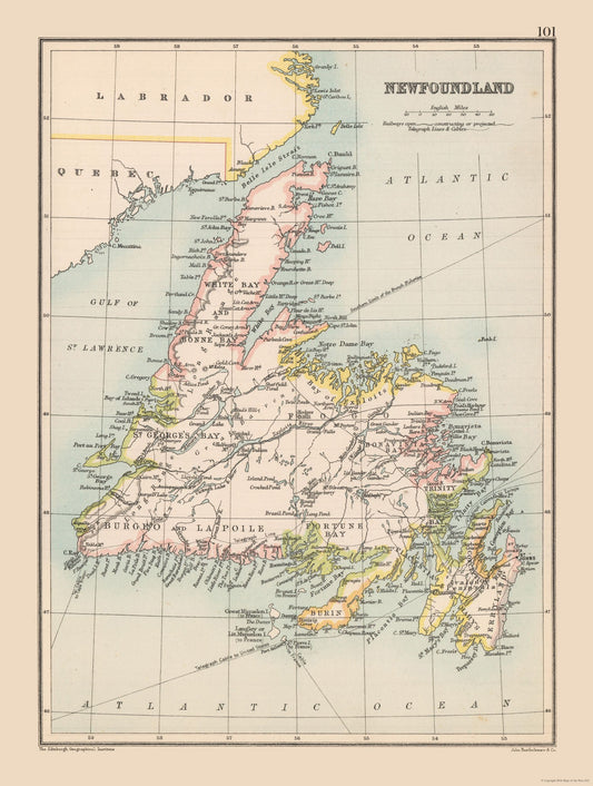 Historic Map - Newfoundland Canada - Bartholomew 1892 - 23 x 30.45 - Vintage Wall Art