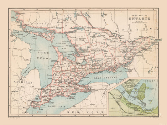 Historic Map - Ontario Canada - Bartholomew 1892 - 30.75 x 23 - Vintage Wall Art