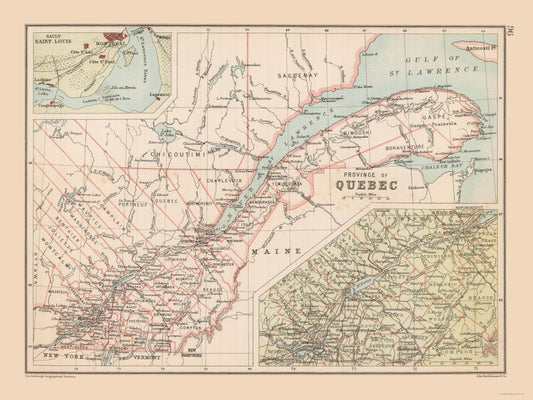 Historic Map - Quebec Canada - Bartholomew 1892 - 30.61 x 23 - Vintage Wall Art