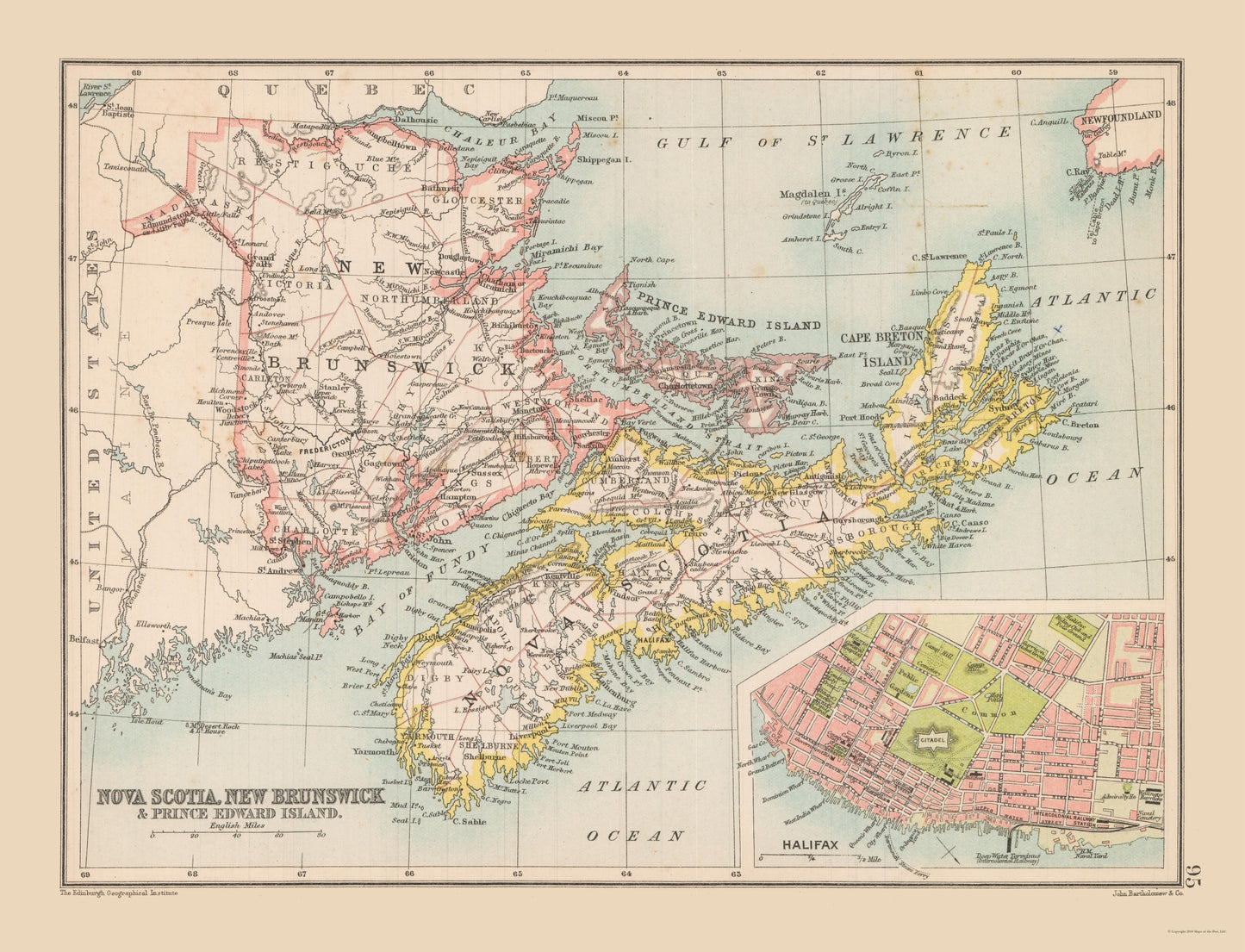 Historic Map - Nova Scotia New Brunswick Canada - Bartholomew 1892 - 30.07 x 23 - Vintage Wall Art