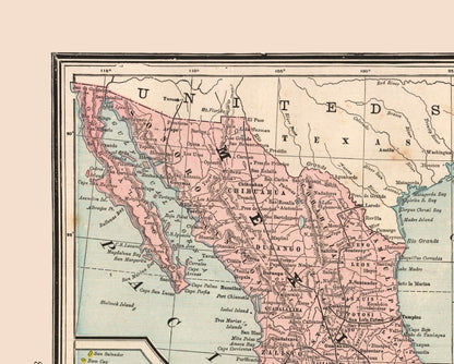 Historic Map - Mexico Cuba Central America  - Cram 1888 - 28.59 x 23 - Vintage Wall Art