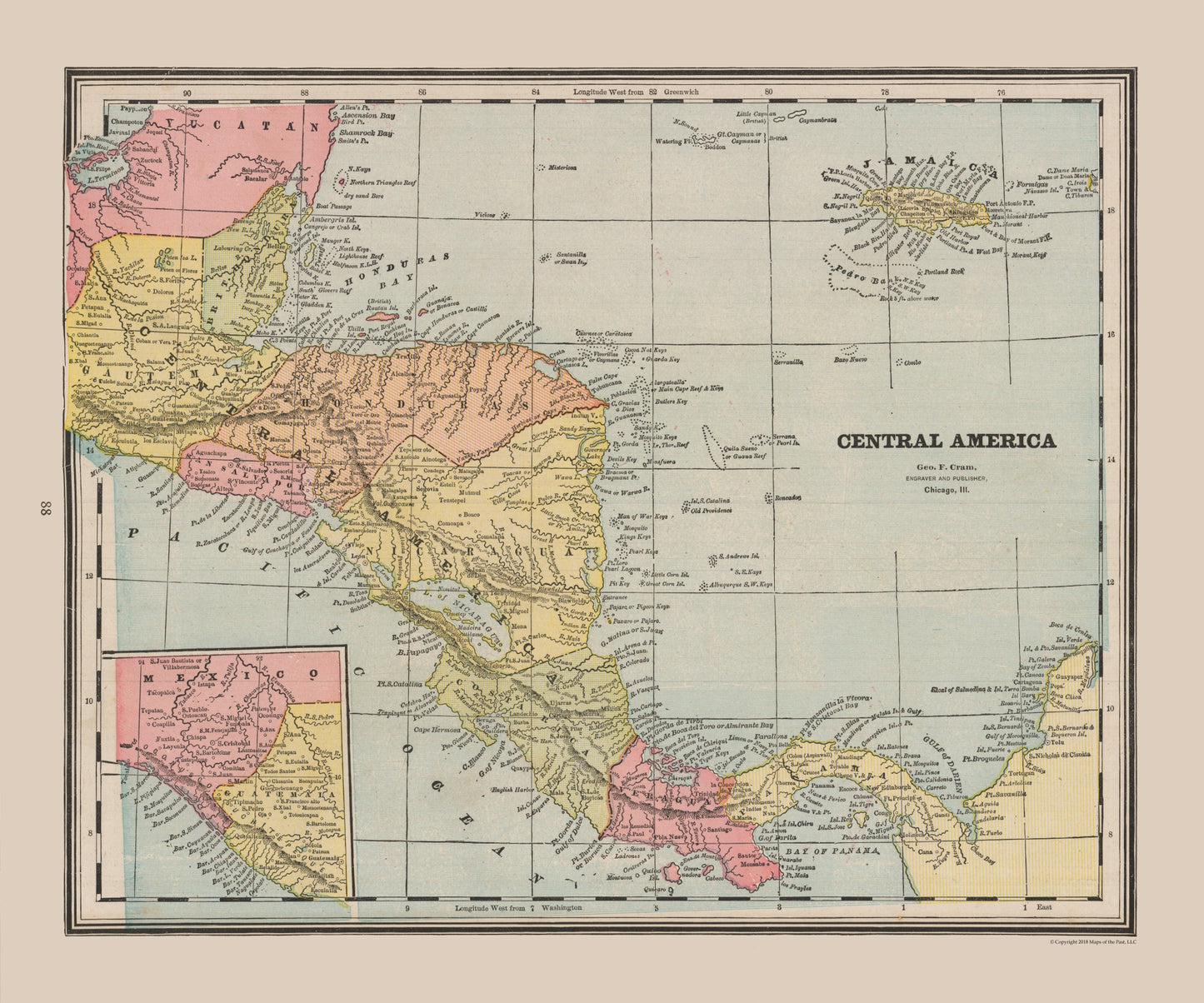 Historic Map - Honduras Guatemala Nicaragua Costa Rica Panama - Cram 1888 - 27.60 x 23 - Vintage Wall Art