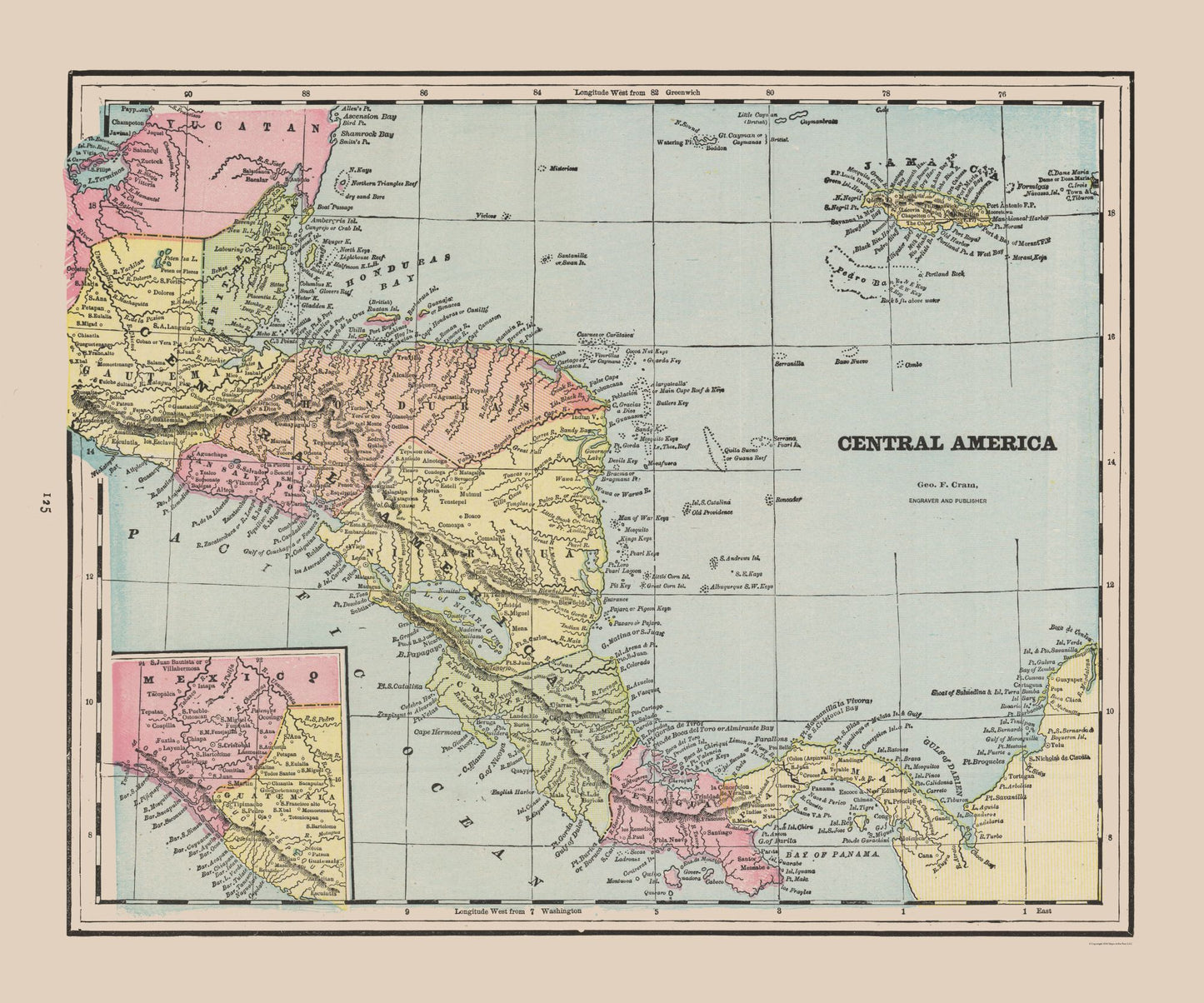 Historic Map - Guatemala Honduras Nicaragua Costa Rica Panama - Cram 1892 - 27.62 x 23 - Vintage Wall Art