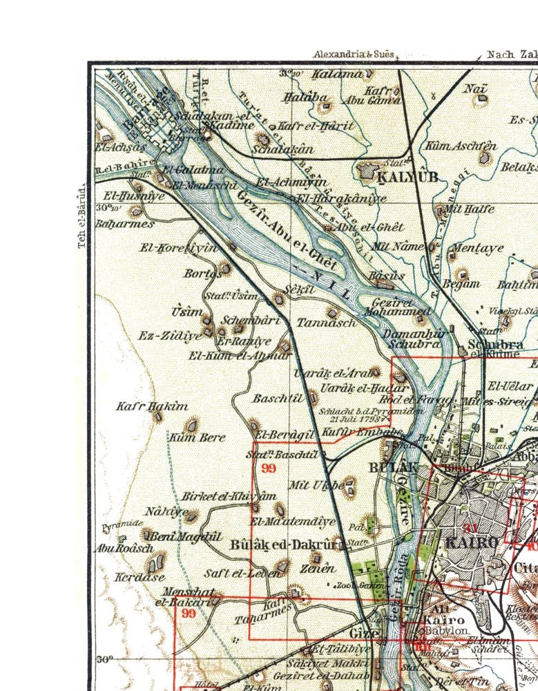 Historic Map - Cairo Egypt Regions - Baedeker 1913 - 23 x 29.50 - Vintage Wall Art