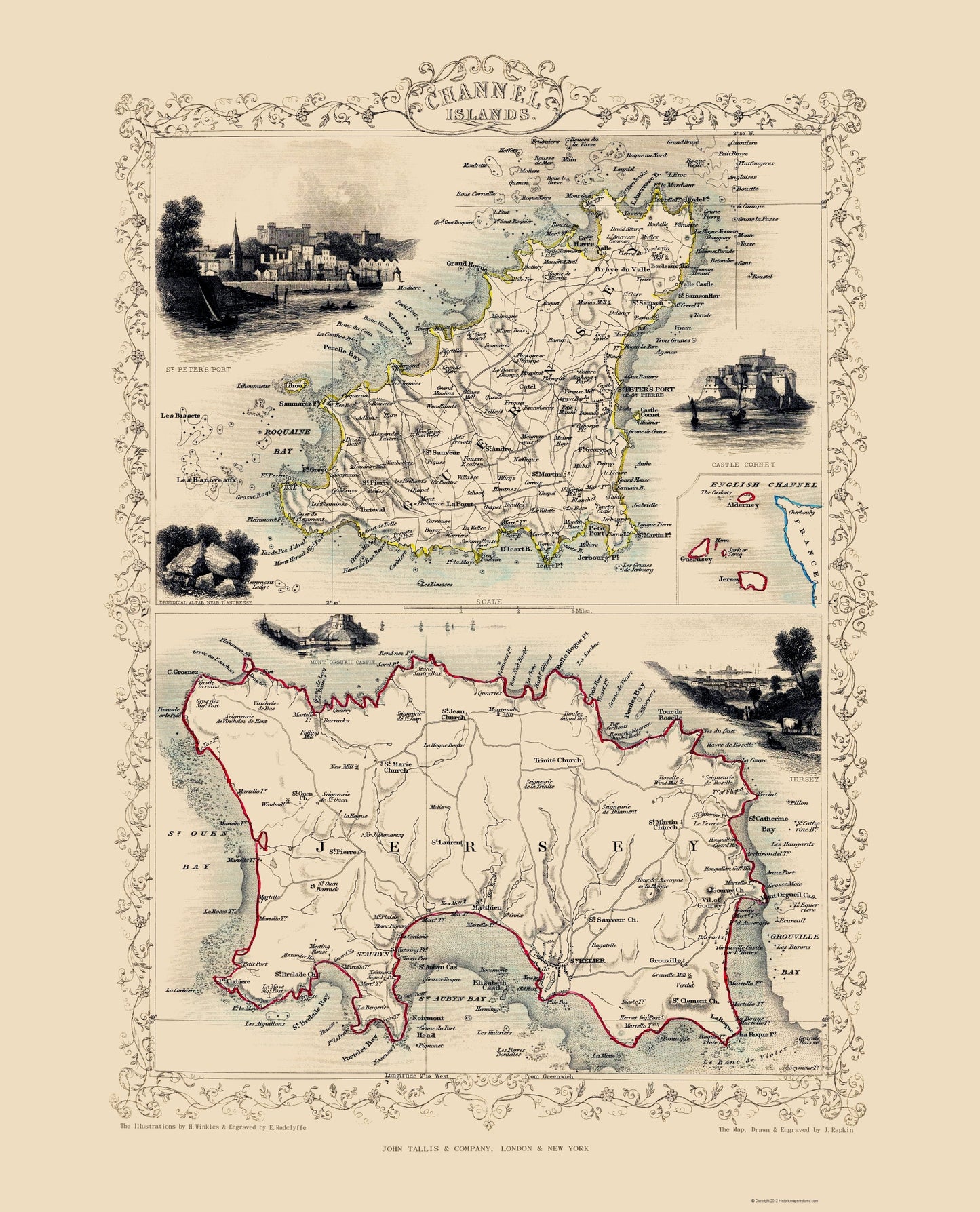 Historic Map - Channel Islands Great Britain - Tallis 1851 - 23 x 28.45 - Vintage Wall Art