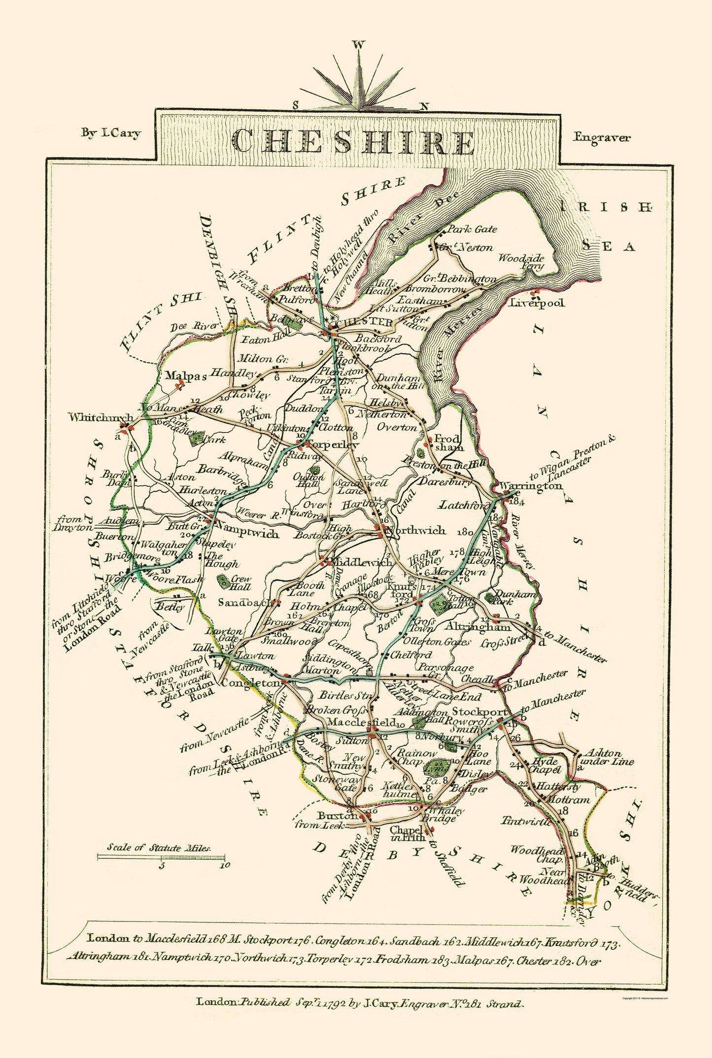 Historic Map - Cheshire County England - Cary 1792 - 23 x 34.18 - Vintage Wall Art