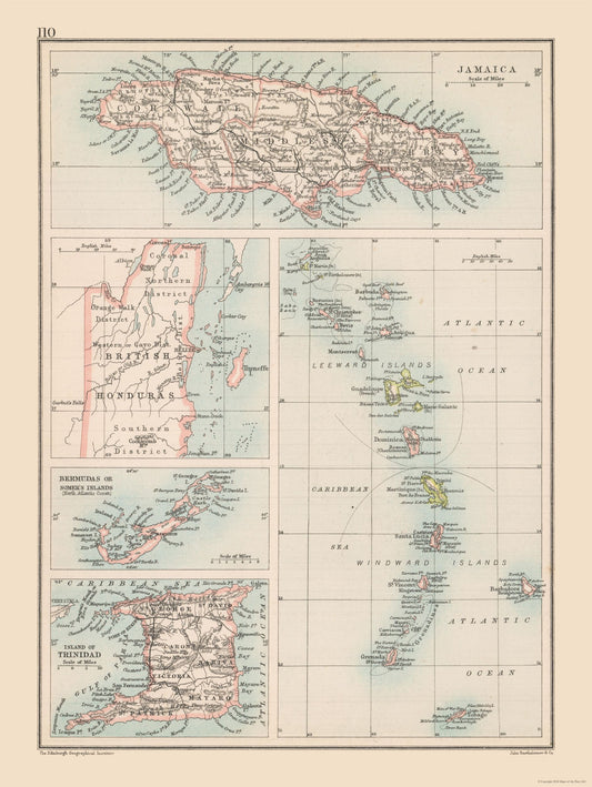 Historic Map - Caribbean Islands - Bartholomew 1892 - 23 x 30.58 - Vintage Wall Art