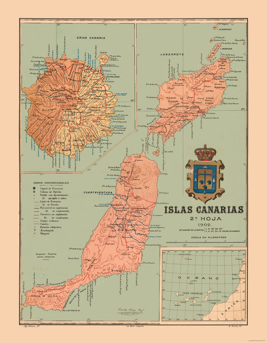 Historic Map - Canary Islands 1902 Africa Spain - Martine 1904 - 23 x 29.52 - Vintage Wall Art