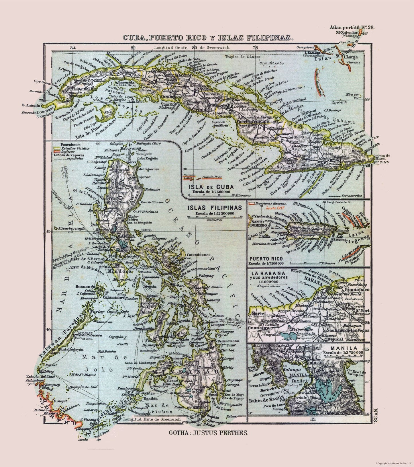 Historic Map - Cuba Puerto Rico Philippines - Perthes 1921 - 23 x 25.92 - Vintage Wall Art