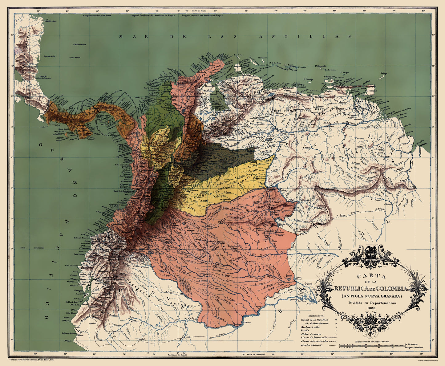 Historic Map - Colombian Republic - Lahure 1886 - 23 x 27.98 - Vintage Wall Art