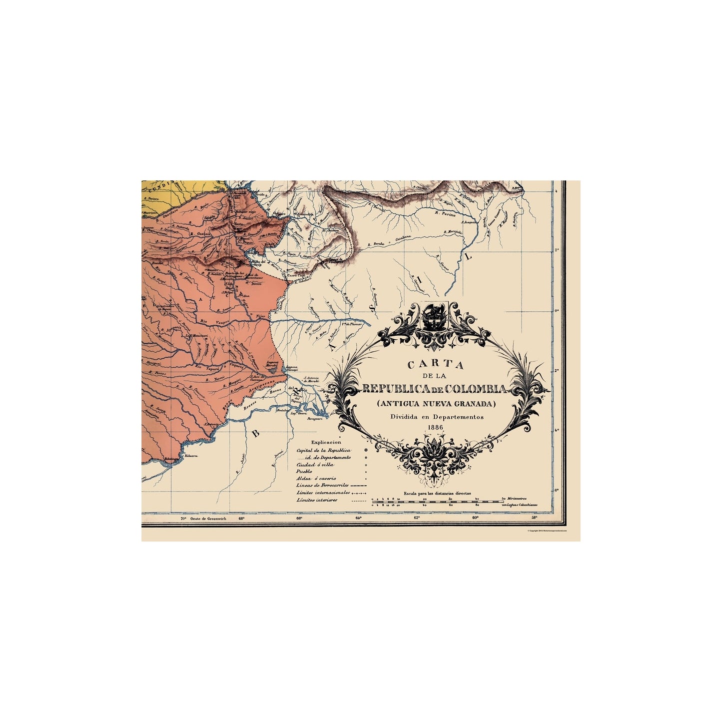 Historic Map - Colombian Republic - Lahure 1886 - 23 x 27.98 - Vintage Wall Art