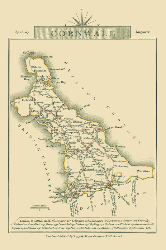 Historic Map - Cornwall County England - Cary 1792 - 23 x 34.65 - Vintage Wall Art