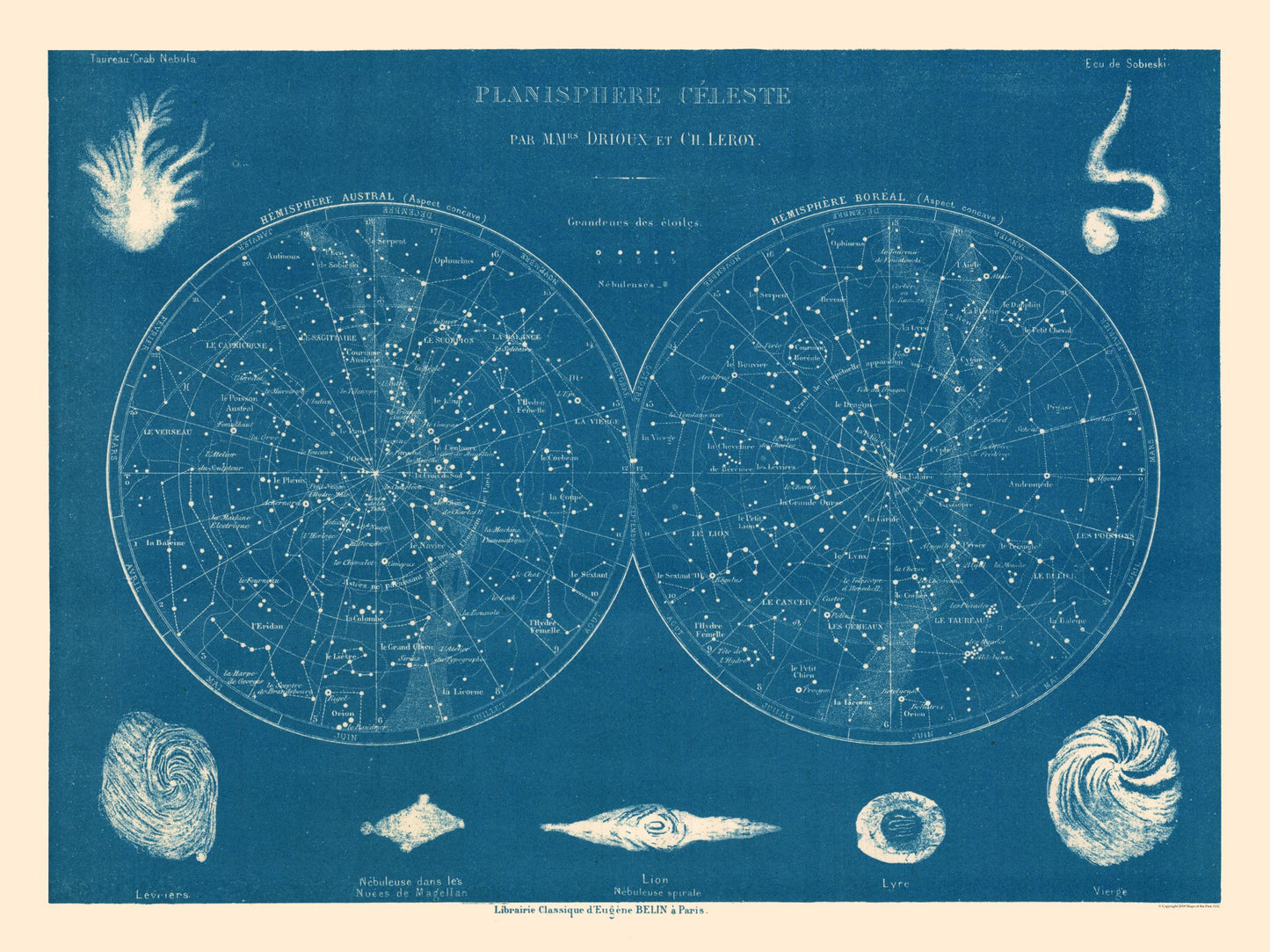 Historic Map - Celestial Planisphere - Drioux 1882 - 30.69 x 23 - Vintage Wall Art