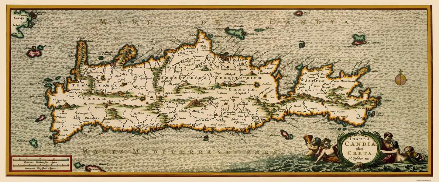 Historic Map - Crete Greece - Visscher 1680 - 23 x 55.56 - Vintage Wall Art