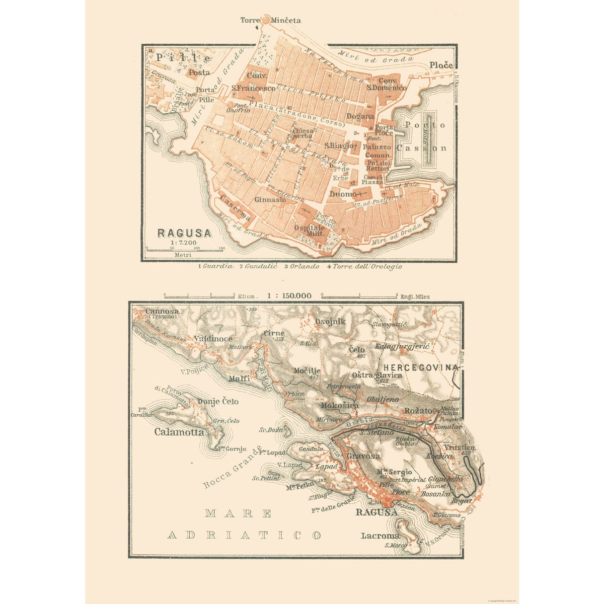 Historic Map - Ragusa Croatia Europe - Baedeker 1910 - Vintage Wall Ar ...