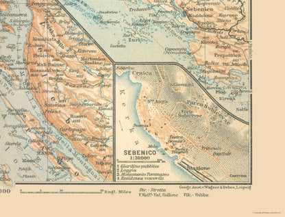 Historic Map - Sibenik Croatia - Baedeker 1910 - 30.15 x 23 - Vintage Wall Art