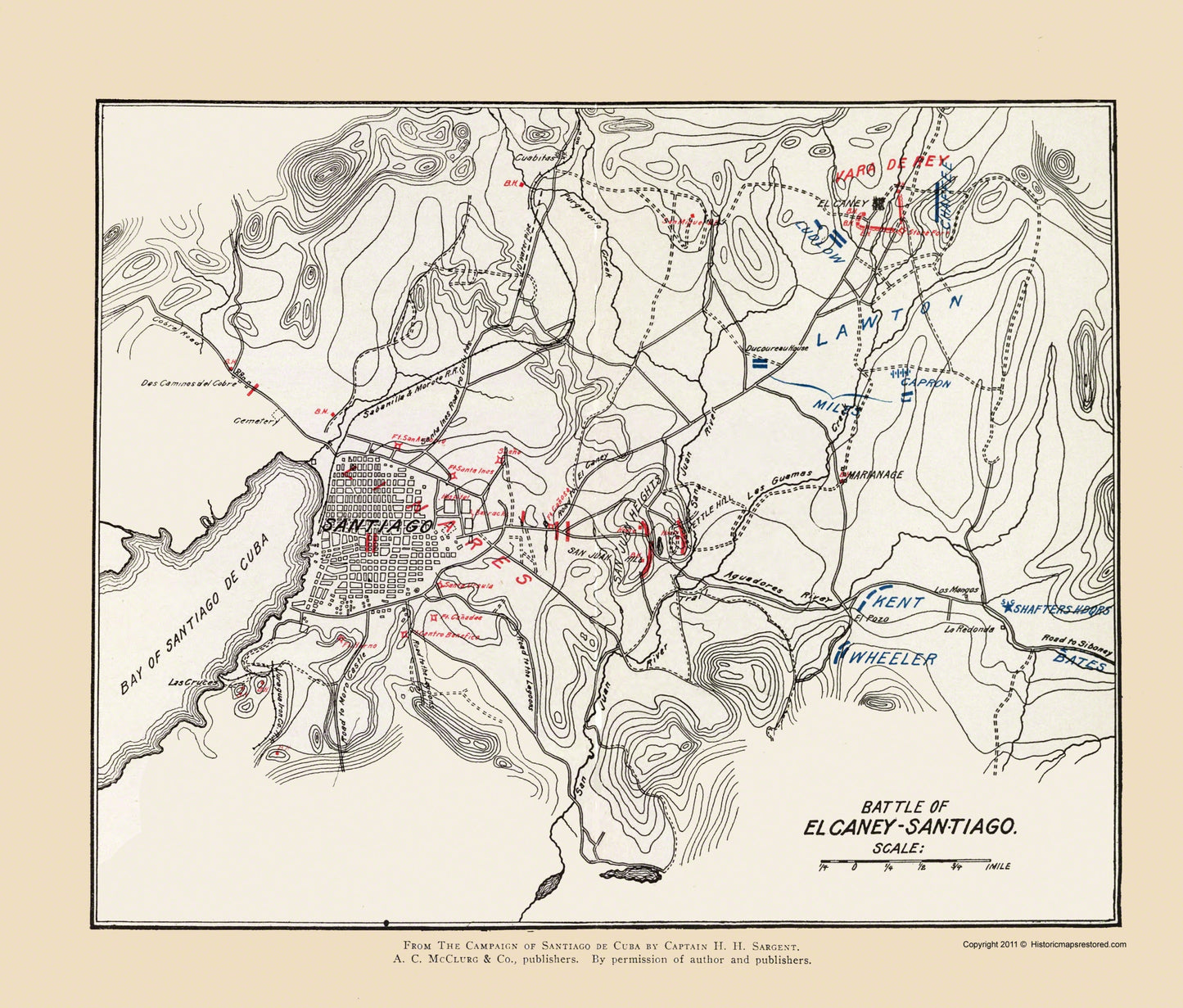 Historic War Map - El Carney Santiago Battle 1 - McClurg 1907 - 23 x 27.01 - Vintage Wall Art