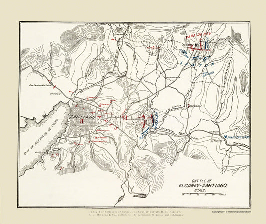 Historic War Map - El Carney Santiago Battle 2 - McClurg 1907 - 23 x 27.27 - Vintage Wall Art