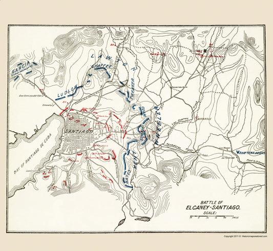 Historic War Map - El Carney Santiago Battle 3 - McClurg 1907 - 23 x 25.00 - Vintage Wall Art