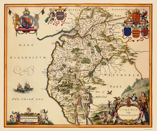 Historic Map - Cumbria County England - Blaeu 1645 - 23 x 27 - Vintage Wall Art