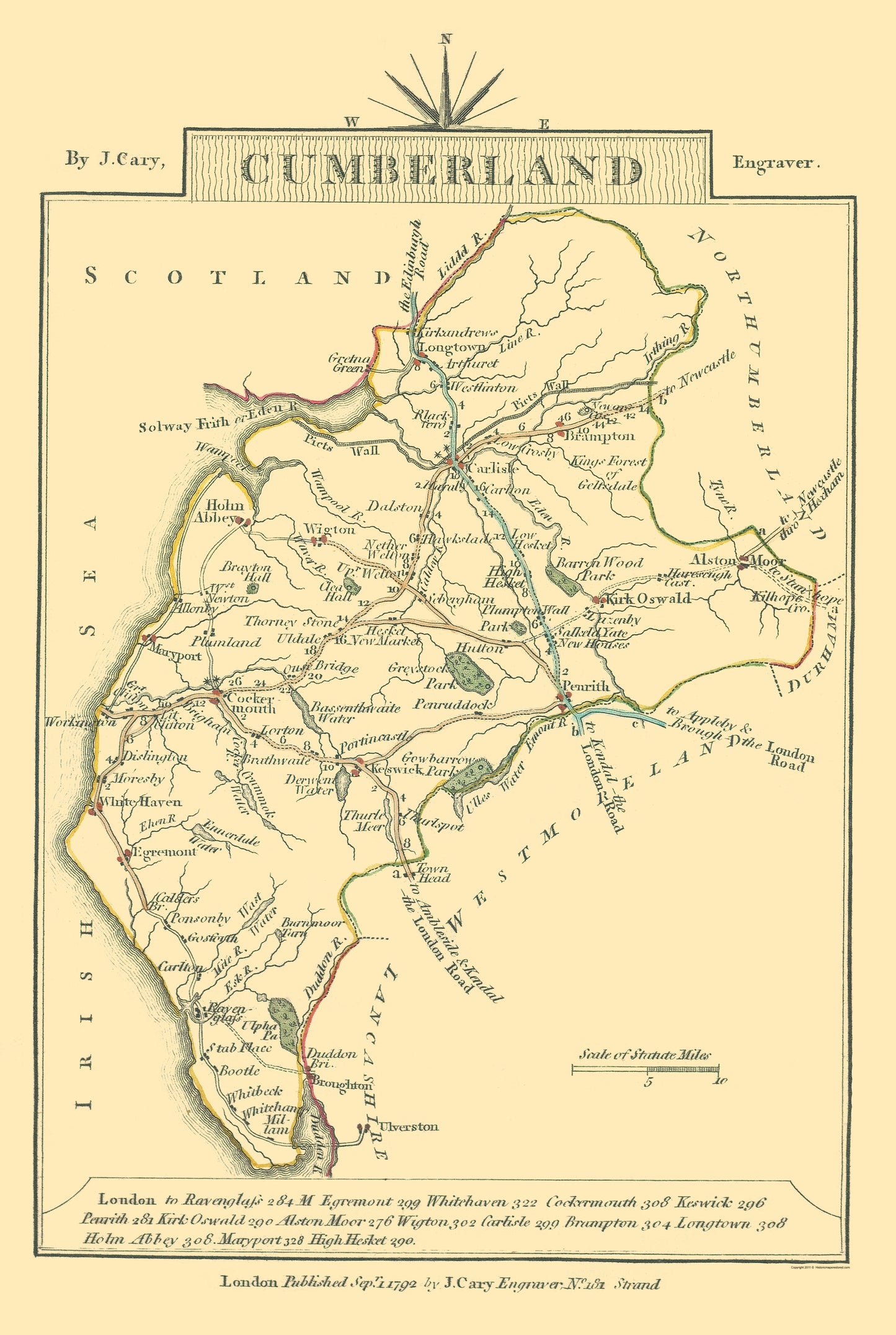 Historic Map - Cumberland County England - Cary 1792 - 23 x 34.27 - Vintage Wall Art