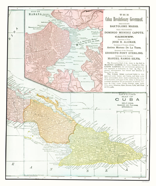 Historic Map - Cuba - Cram 1898 - 23 x 27.35 - Vintage Wall Art