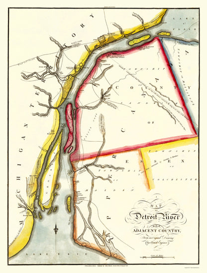 Historic Nautical Map - Detroit River Adjacent Areas - Melish 1813 - 23 x 30.24 - Vintage Wall Art