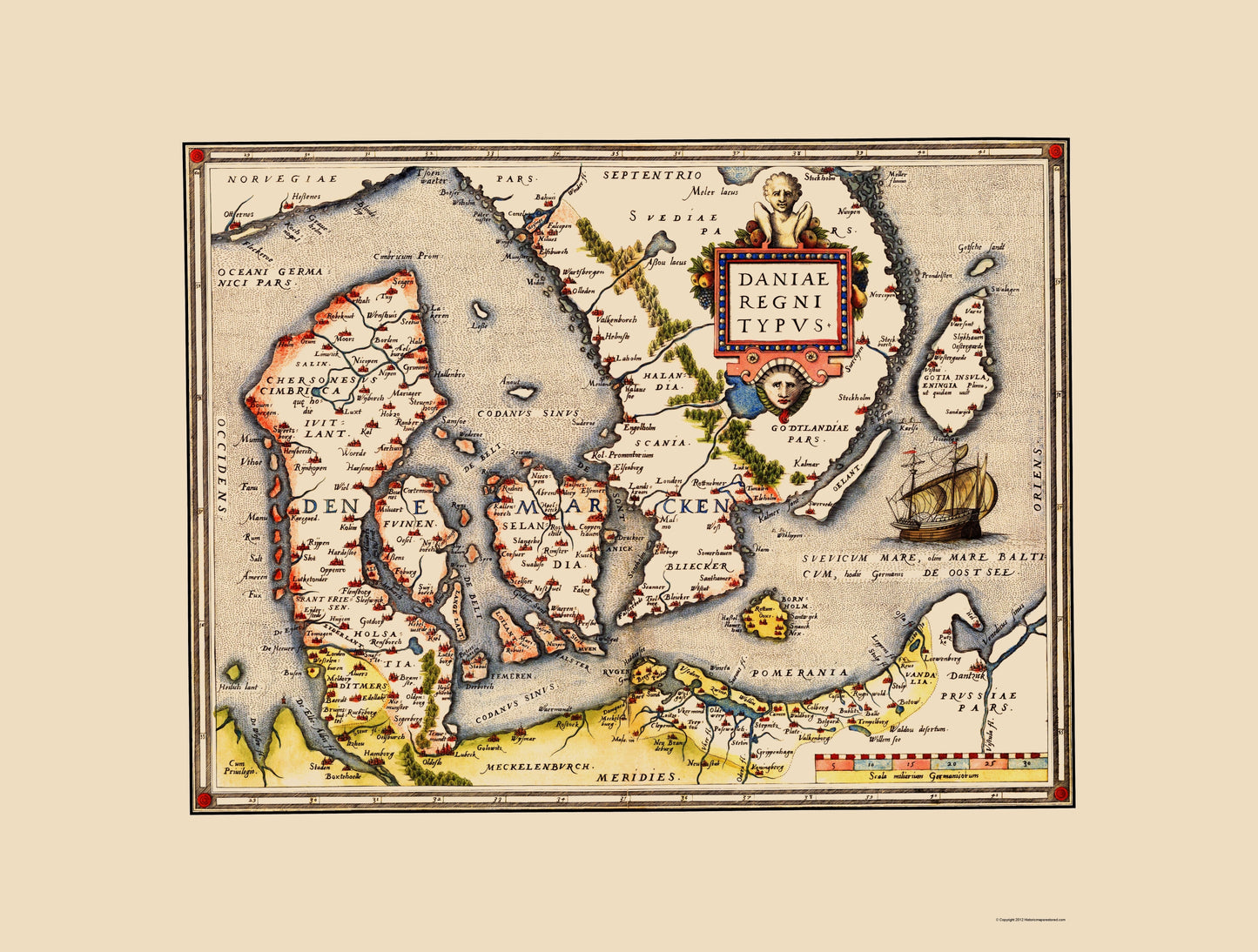 Historic Map - Denmark - Ortelius 1570 - 23 x 30.38 - Vintage Wall Art