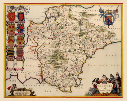 Historic Map - Devon County England - Blaeu 1646 - 23 x 28.95 - Vintage Wall Art