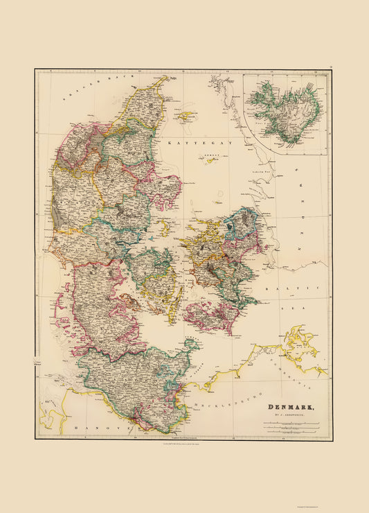 Historic Map - Denmark - Arrowsmith 1844 - 23 x 31.95 - Vintage Wall Art