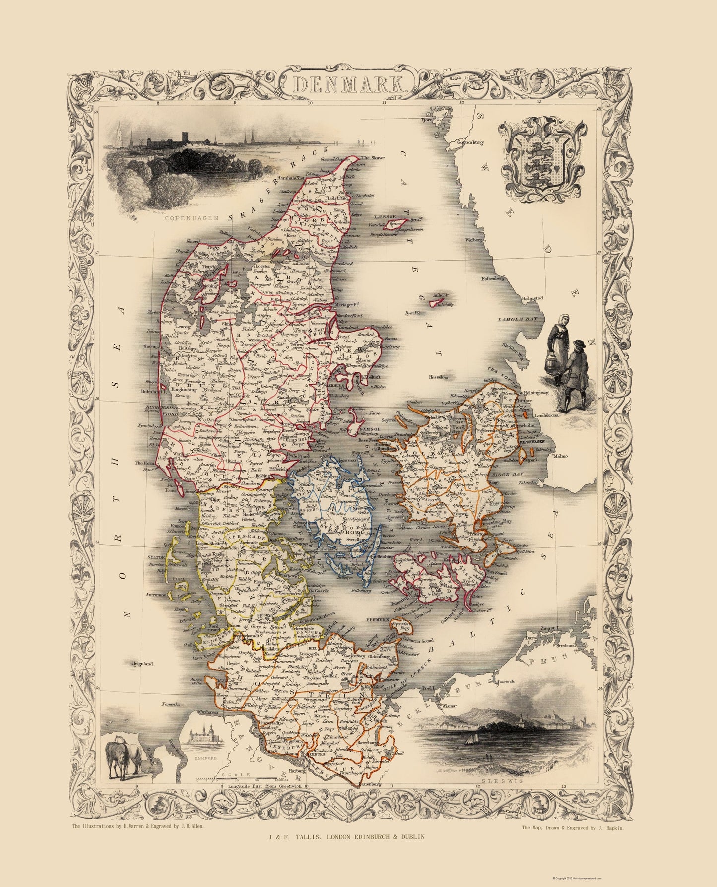 Historic Map - Denmark - Tallis 1851 - 23 x 28.45 - Vintage Wall Art