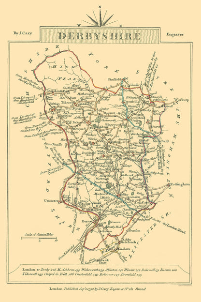 Historic Map - Derbyshire County England - Cary 1792 - 23 x 34.47 - Vintage Wall Art