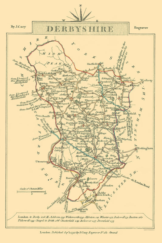 Historic Map - Derbyshire County England - Cary 1792 - 23 x 34.47 - Vintage Wall Art