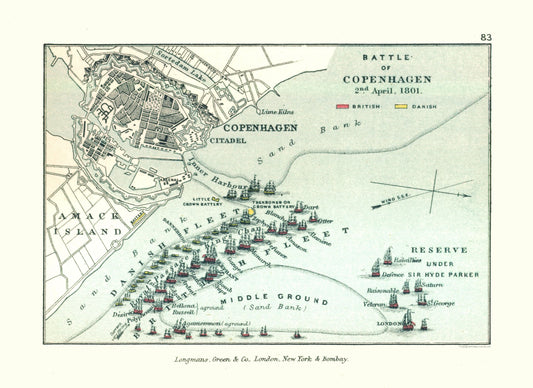 Historic War Map - Denmark Battle Copenhagen 1801- Gardiner 1902 - 31.62 x 23 - Vintage Wall Art