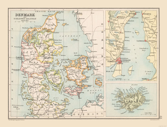 Historic Map - Schleswig Holstein Germany Denmark - Bartholomew 1892 - 30.38 x 23 - Vintage Wall Art