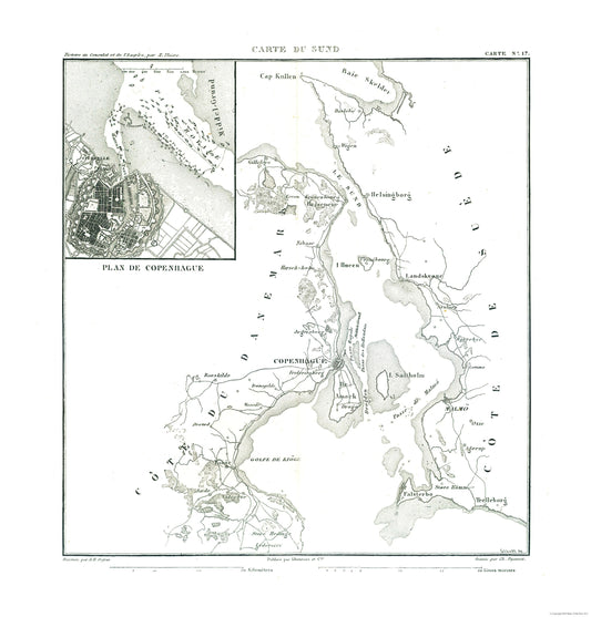 Historic Map - Copenhagen Denmark - Thiers 1866 - 23 x 24.04 - Vintage Wall Art