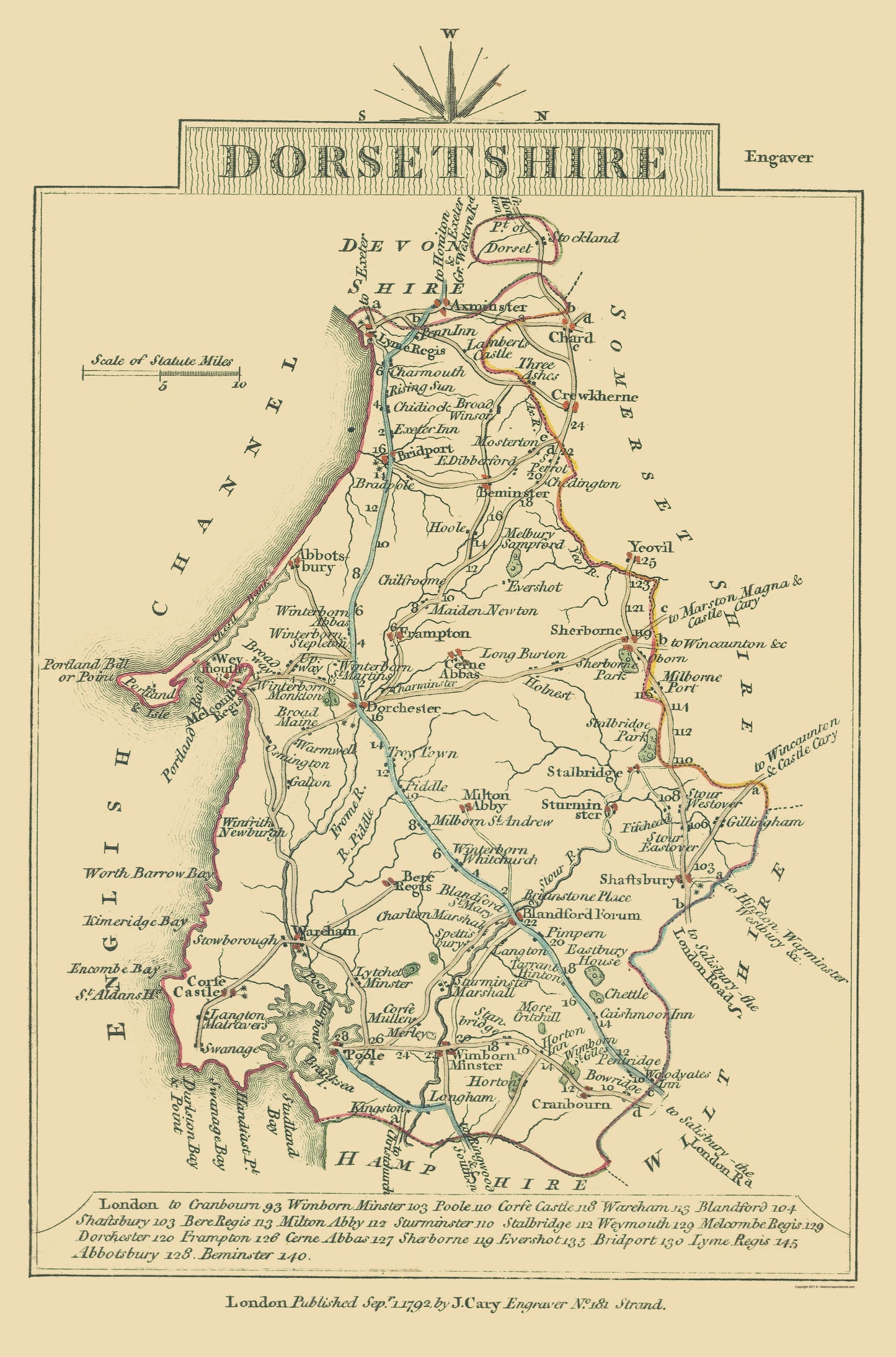 Historic Map - Dorsetshire County England - Cary 1792 - 23 x 34.83 - Vintage Wall Art