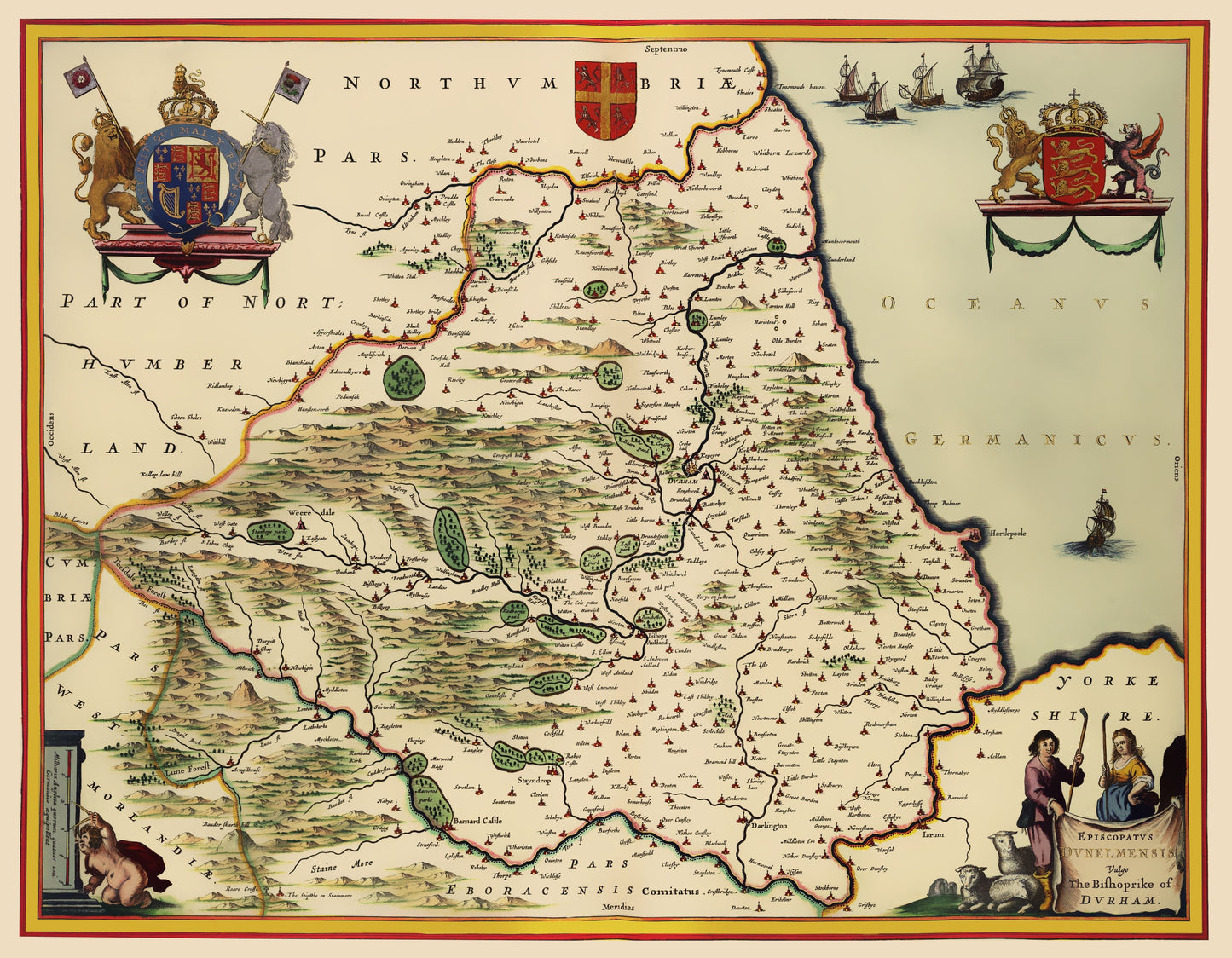 Historic Map - Durham County England - Blaeu 1645 - 23 x 29.56 - Vintage Wall Art