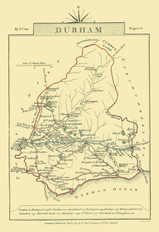 Historic Map - Durham County England - Cary 1792 - 23 x 33.65 - Vintage Wall Art