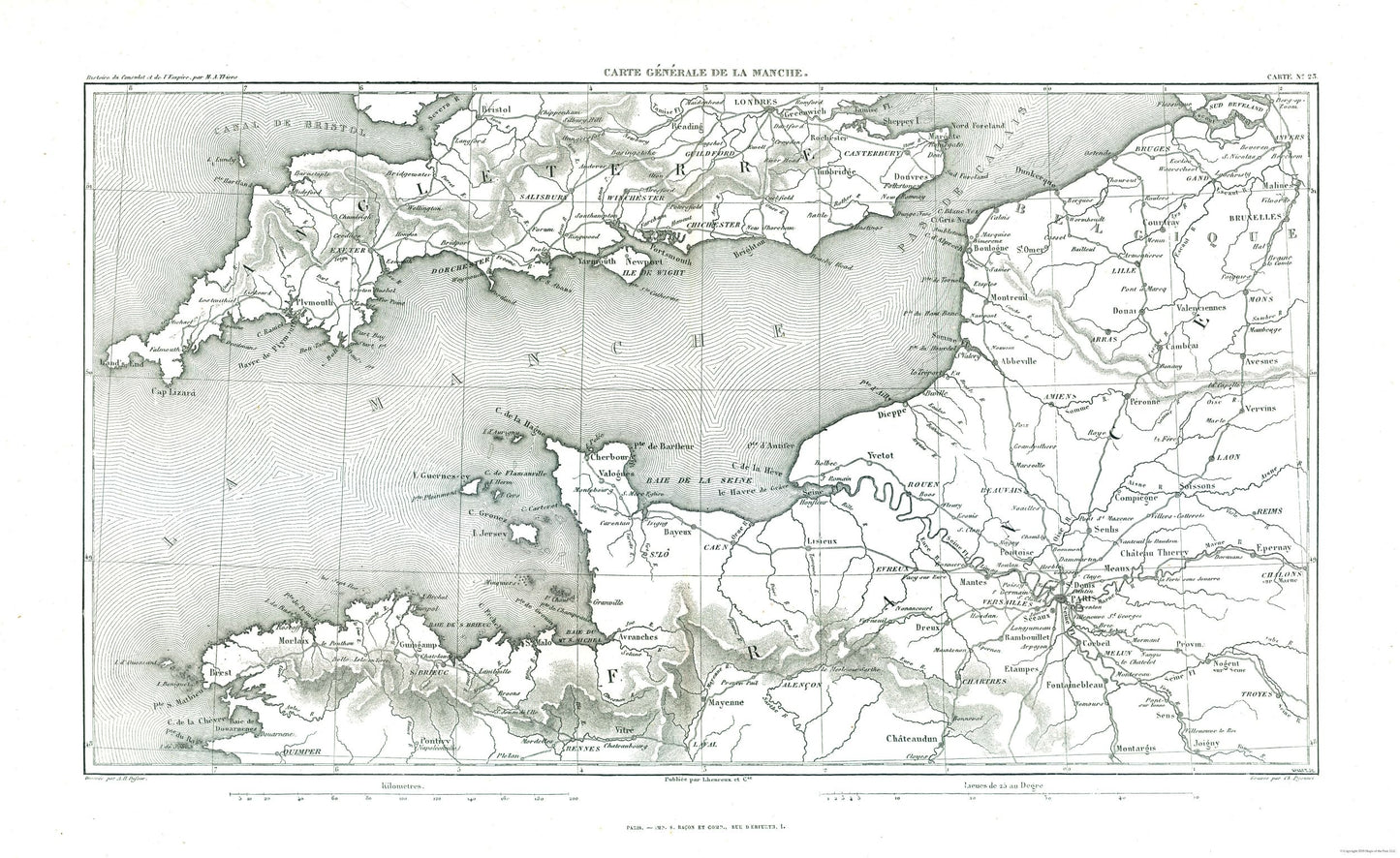 Historic Nautical Map - English Channel - Thiers 1866 - 37.51 x 23 - Vintage Wall Art