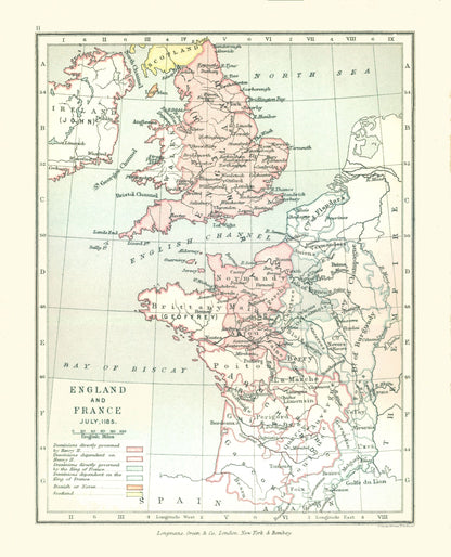 Historic Map - England France 1185 - Gardiner 1902 - 23 x 28.44 - Vintage Wall Art