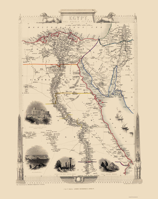 Historic Map - Egypt Arabia Peninsula - Tallis 1851 - 23 x 28.83 - Vintage Wall Art