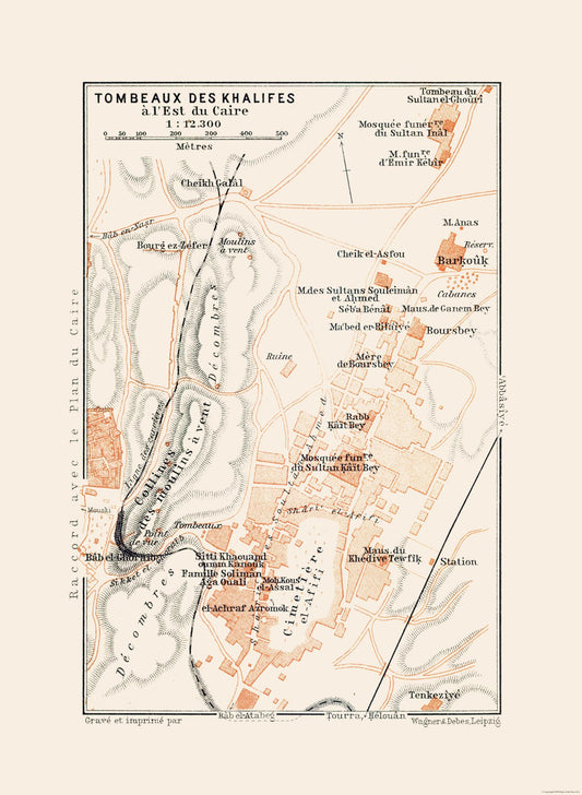 Historic Map - Kalifs Tombs Egypt - Baedeker 1913 - 23 x 31.42 - Vintage Wall Art