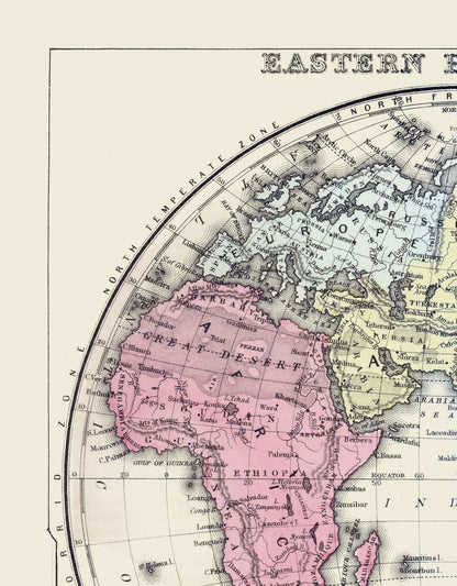 Historic Map - Eastern Hemisphere - Mitchell 1877 - 23 x 29.47 - Vintage Wall Art