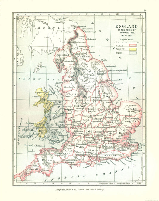 Historic Map - England Edward III Reign - Gardiner 1902 - 23 x 29.14 - Vintage Wall Art