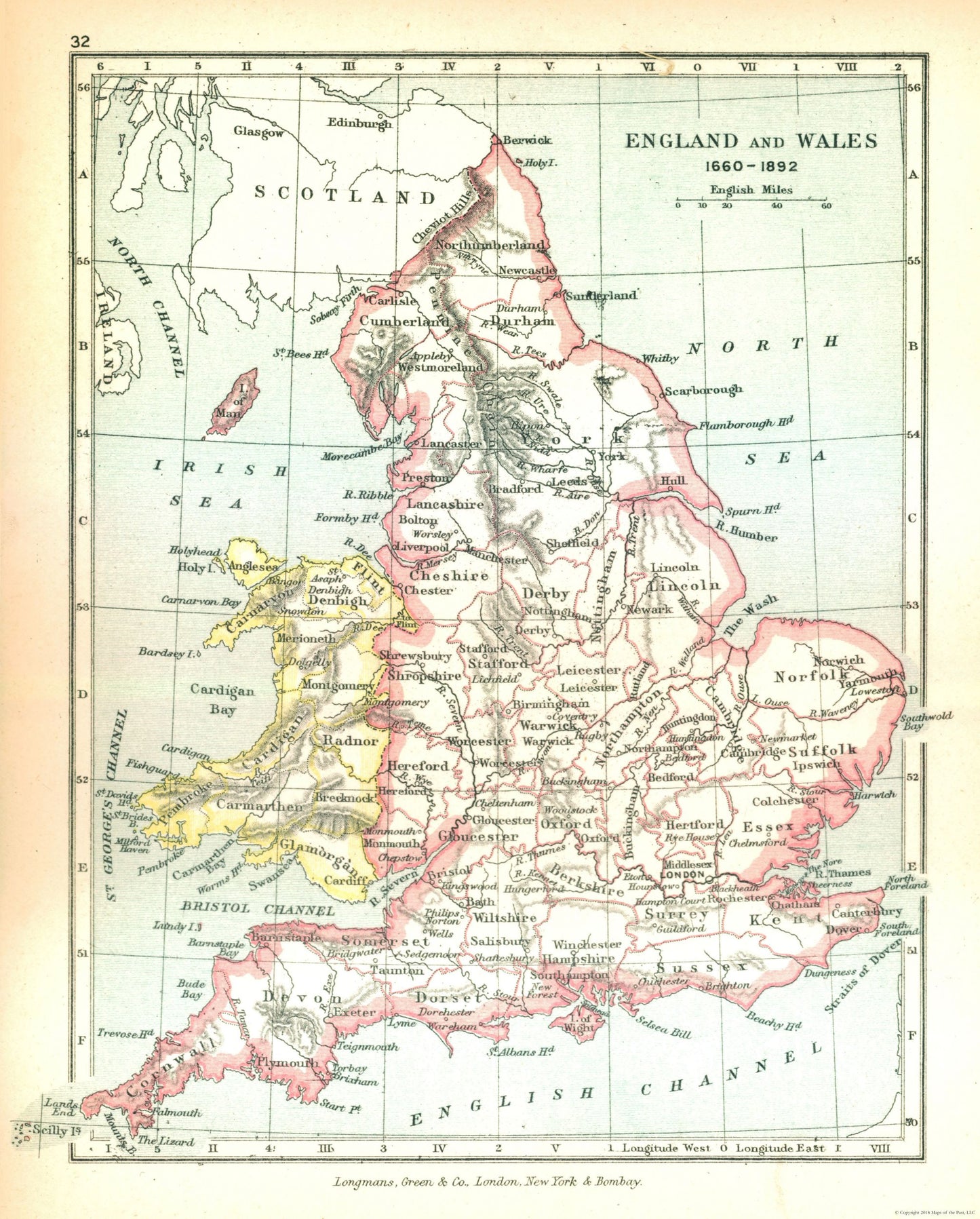 Historic Map - England Wales 1660 - Gardiner 1902 - 23 x 28.61 - Vintage Wall Art