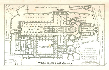 Historic Map - Westminster Abbey England - Philip 1904 - 35.55 x 23 - Vintage Wall Art