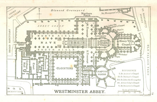 Historic Map - Westminster Abbey England - Philip 1904 - 35.55 x 23 - Vintage Wall Art