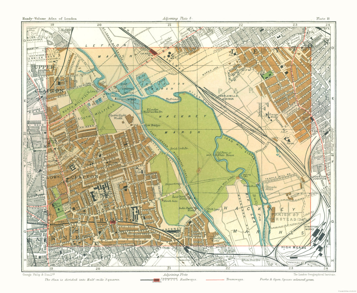 Historic Map - Hackney Marshes London England - Philip 1904 - 28.01 x 23 - Vintage Wall Art